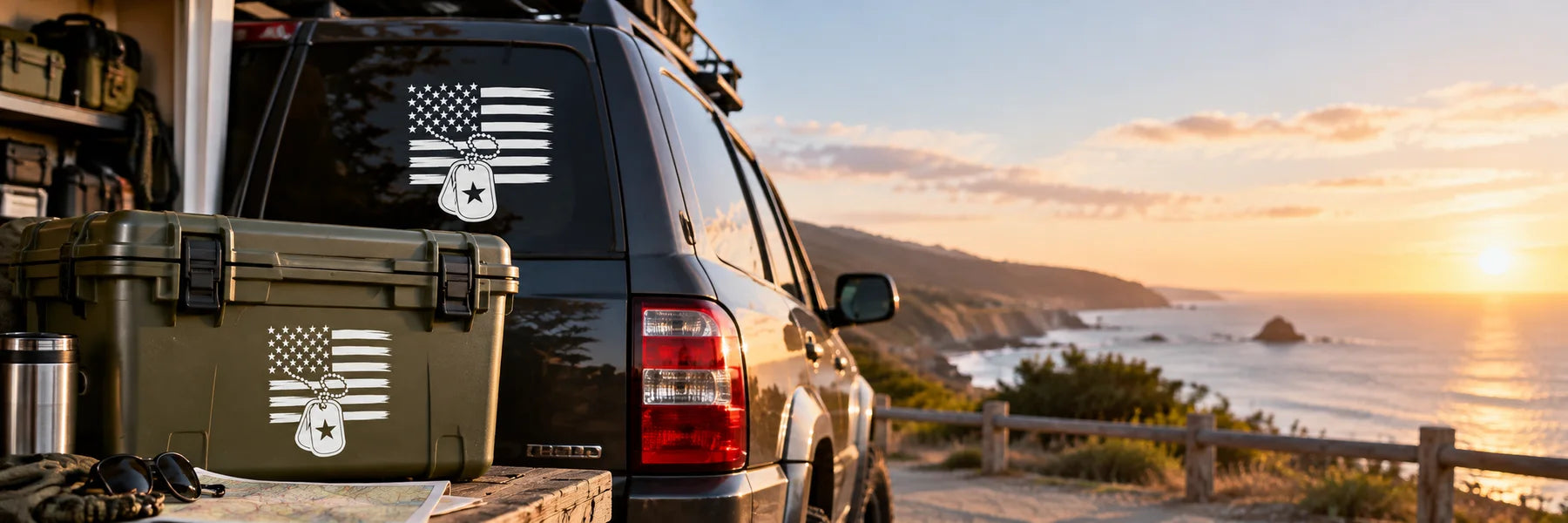 Illustrative Military Service Decals vinyl application in a realistic panoramic lifestyle scene.