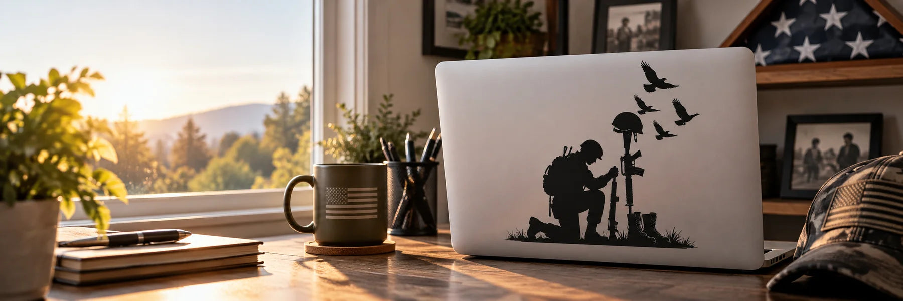 Illustrative Military Memorial Decals vinyl application in a realistic panoramic lifestyle scene.