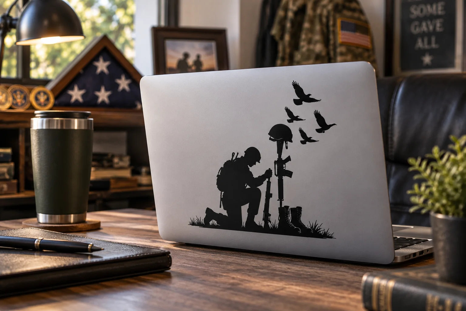 Illustrative Military Memorial Decals vinyl application in a realistic separate close-up lifestyle scene.