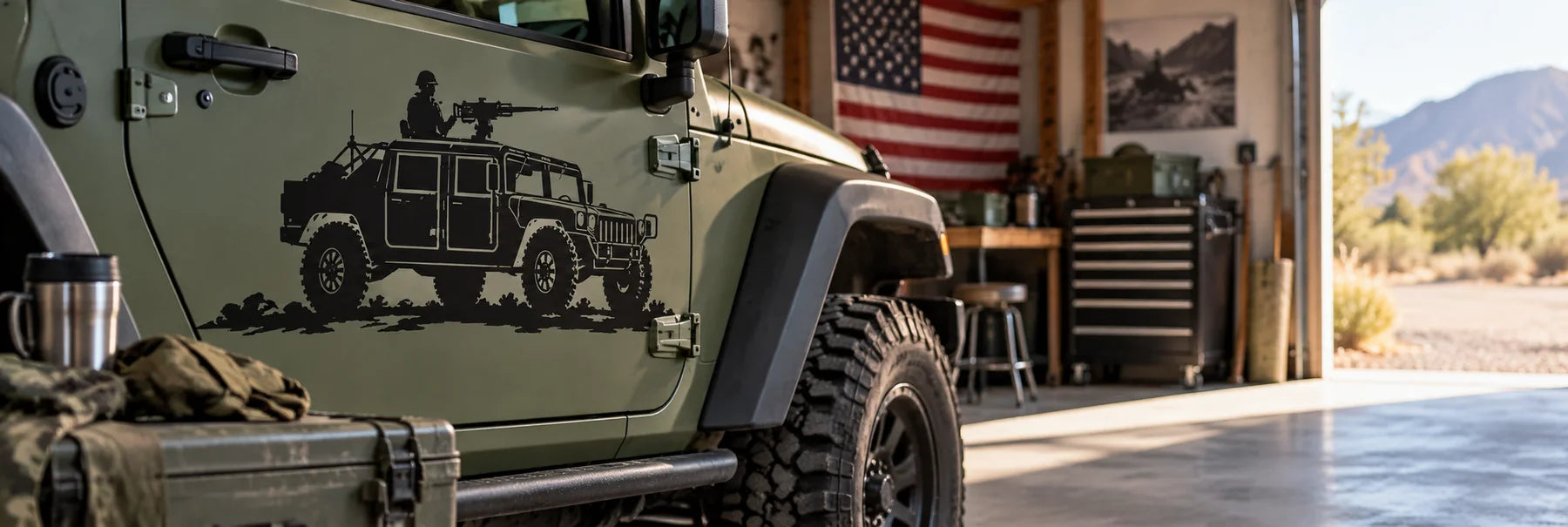 Illustrative Military Vehicle Decals vinyl application in a realistic panoramic lifestyle scene.