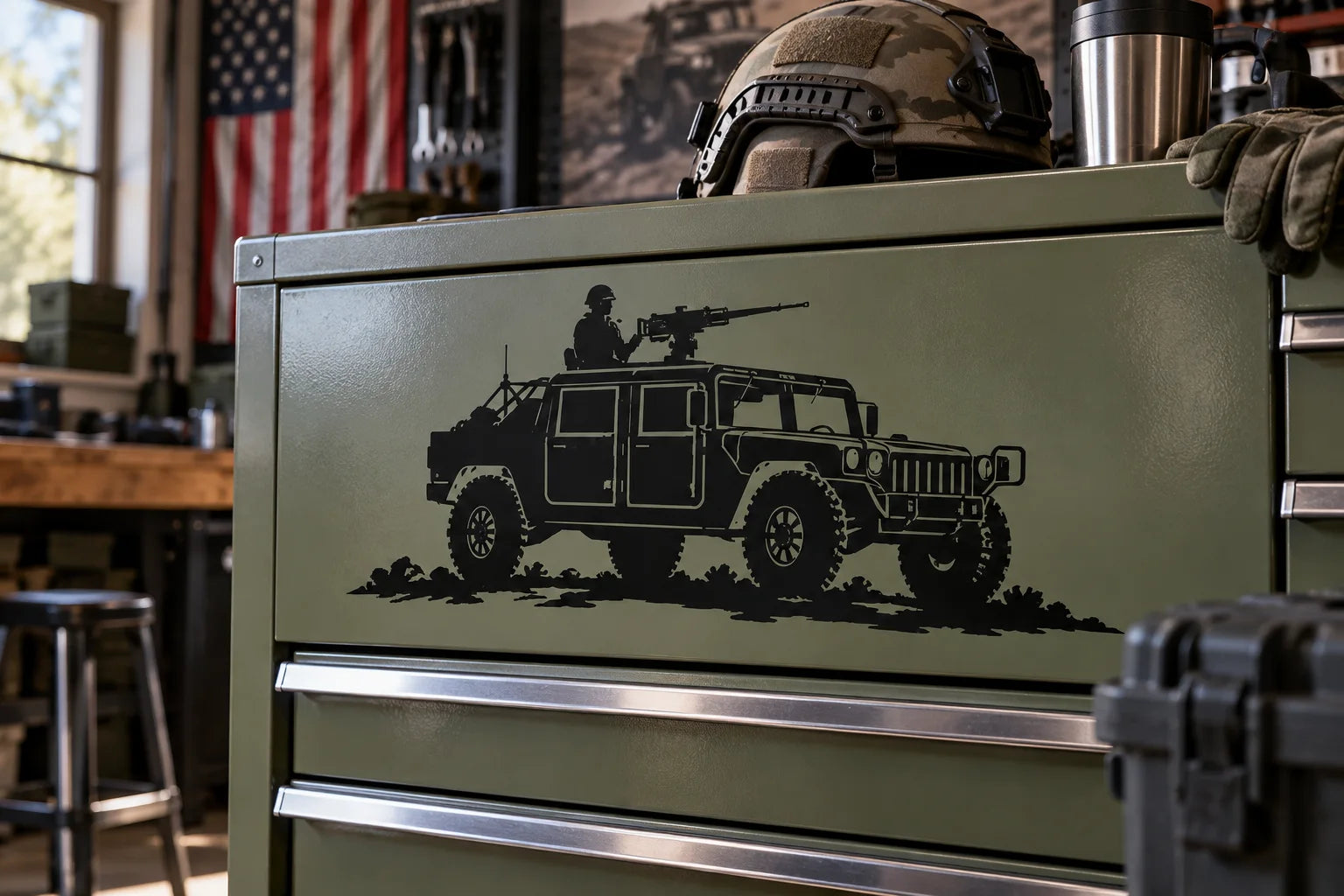 Illustrative Military Vehicle Decals vinyl application in a realistic separate close-up lifestyle scene.
