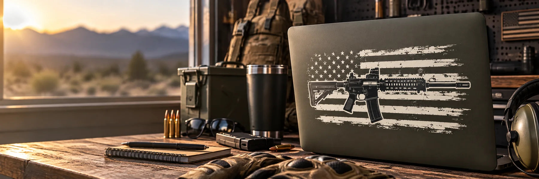 Illustrative Military Weapons Decals vinyl application in a realistic panoramic lifestyle scene.