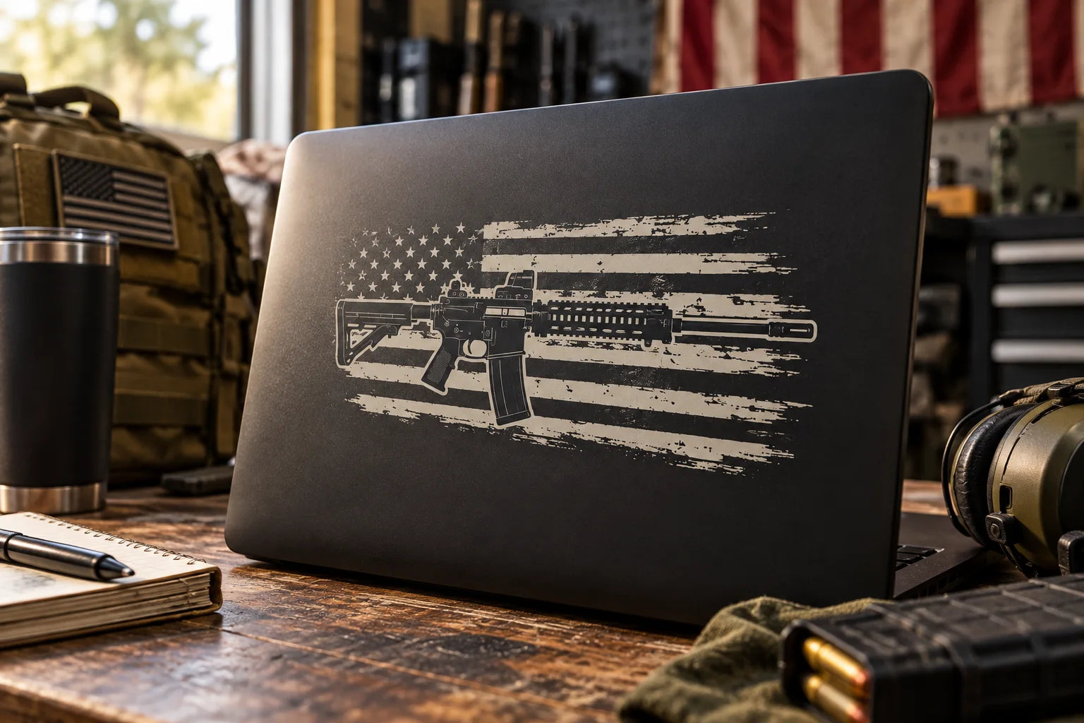 Illustrative Military Weapons Decals vinyl application in a realistic separate close-up lifestyle scene.