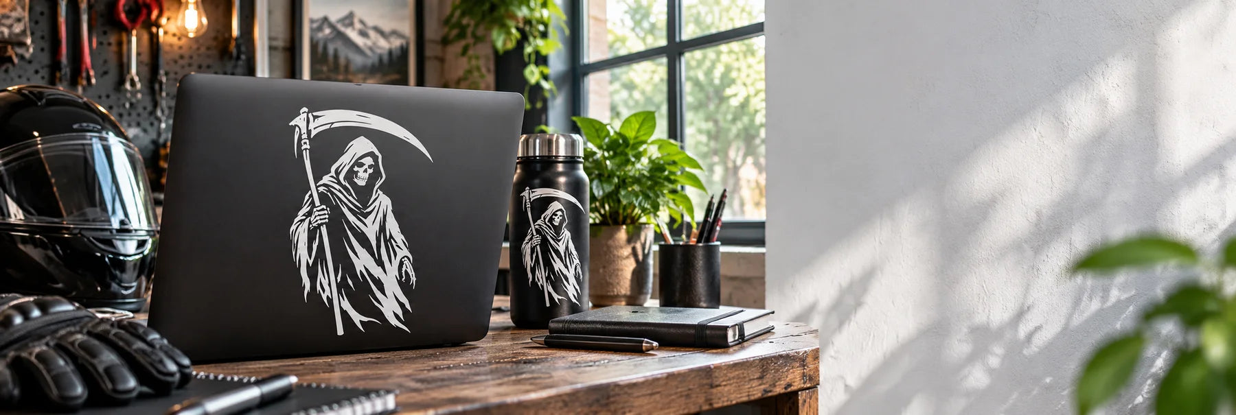 Illustrative Grim Reaper Decals vinyl application in a realistic panoramic lifestyle scene.
