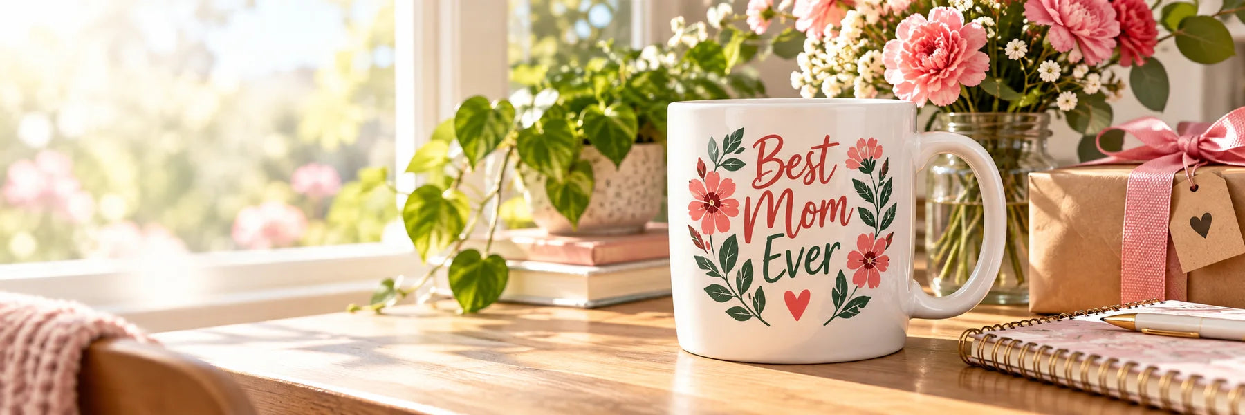 Illustrative Mothers Day Decals vinyl application in a realistic panoramic lifestyle scene.