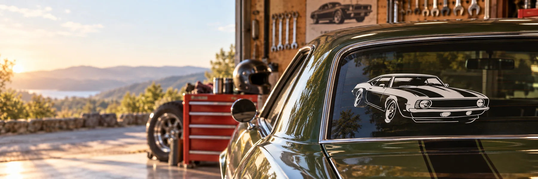 Illustrative Muscle Car Decals vinyl application in a realistic panoramic lifestyle scene.