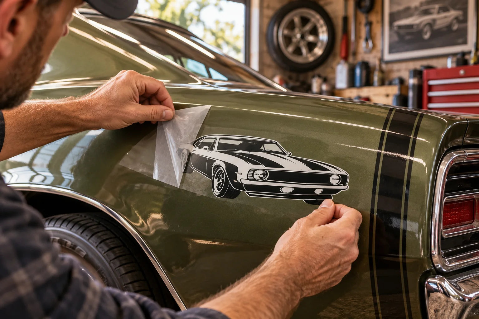 Illustrative Muscle Car Decals vinyl application in a realistic separate close-up lifestyle scene.