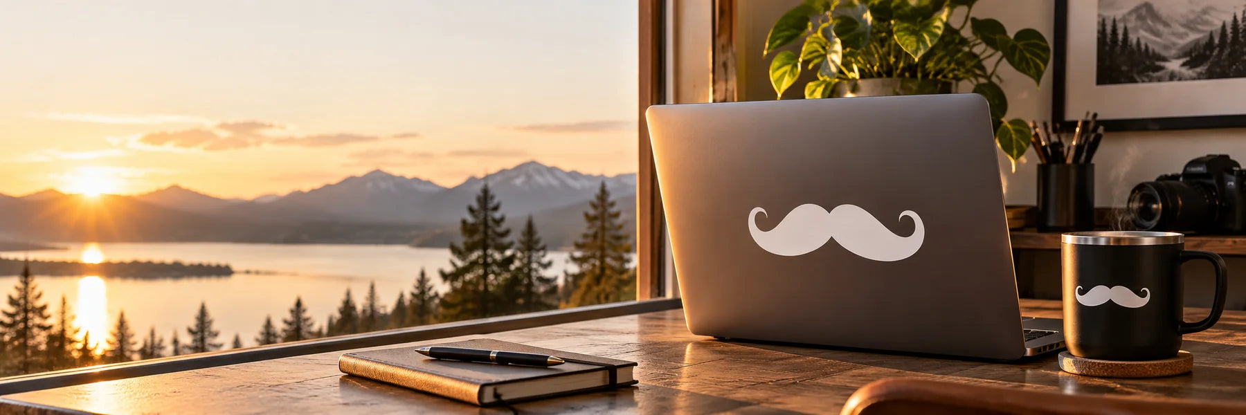 Illustrative Mustache Decals vinyl application in a realistic panoramic lifestyle scene.