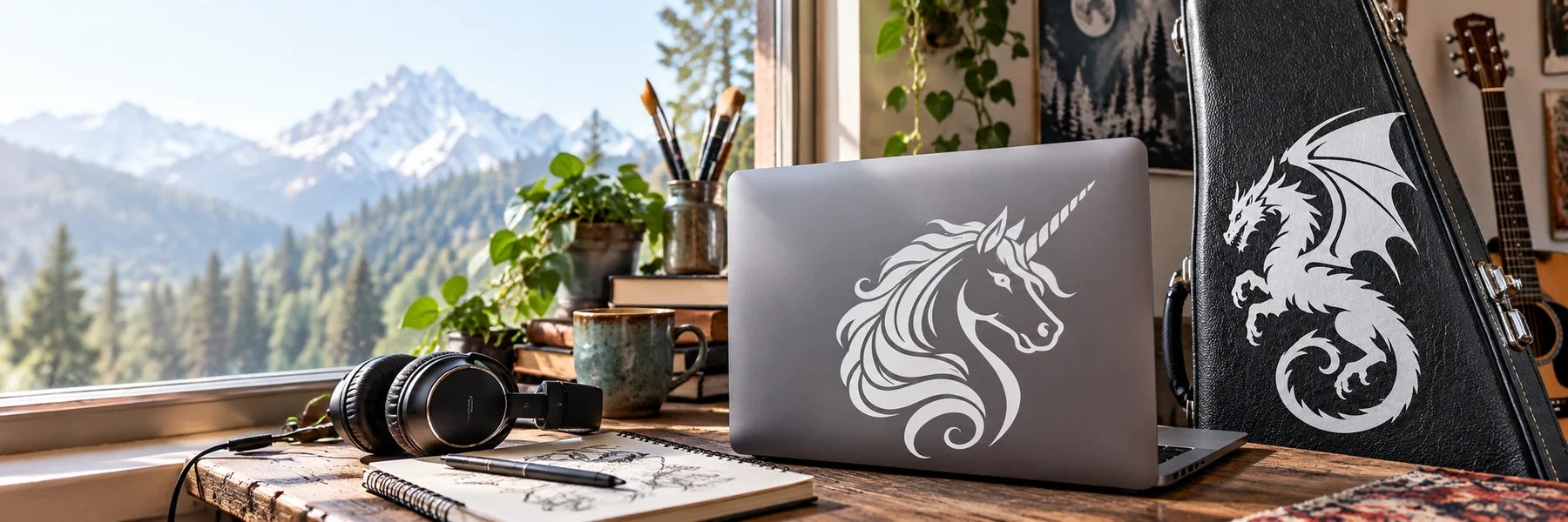 Illustrative Mythical Animal Decals vinyl application in a realistic panoramic lifestyle scene.