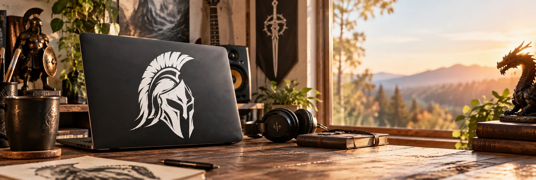 Illustrative Mythical Warrior Decals vinyl application in a realistic panoramic lifestyle scene.
