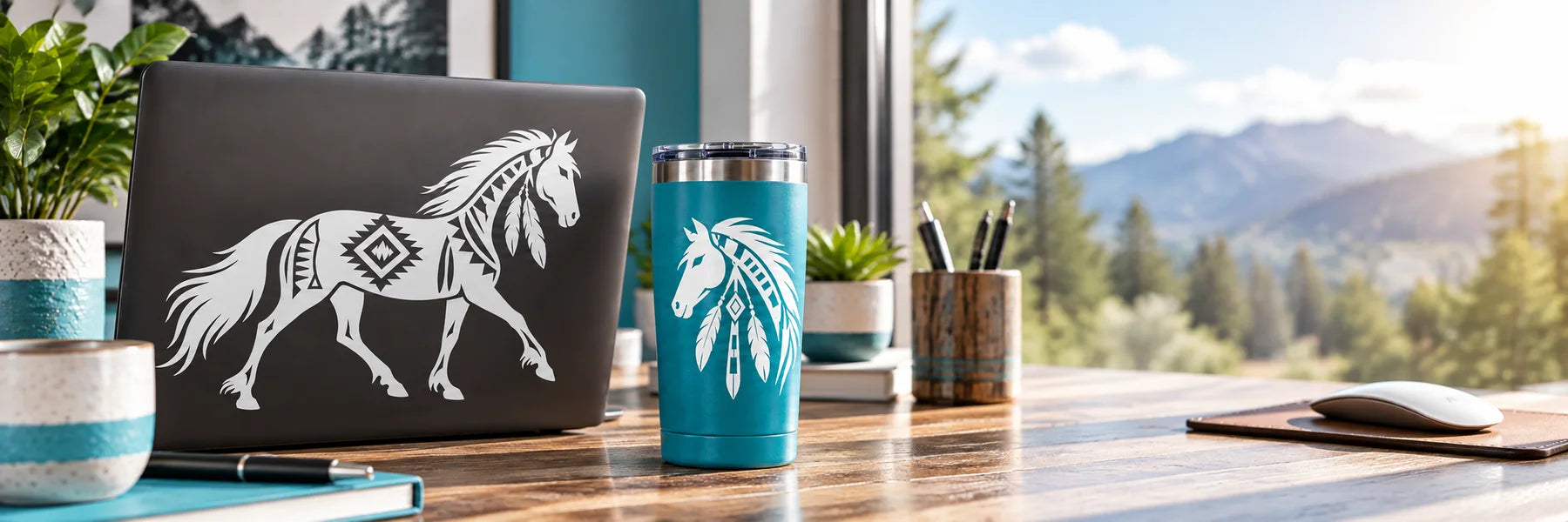 Illustrative Native American Horse Decals vinyl application in a realistic panoramic lifestyle scene.