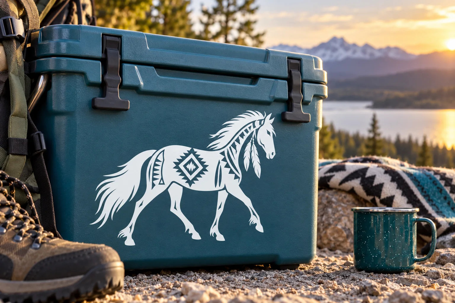 Illustrative Native American Horse Decals vinyl application in a realistic separate close-up lifestyle scene.
