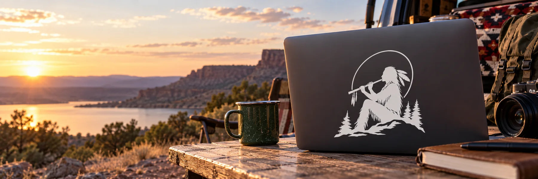 Illustrative Native American Musician Decals vinyl application in a realistic panoramic lifestyle scene.