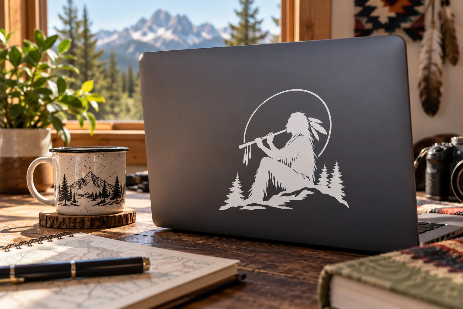 Illustrative Native American Musician Decals vinyl application in a realistic separate close-up lifestyle scene.
