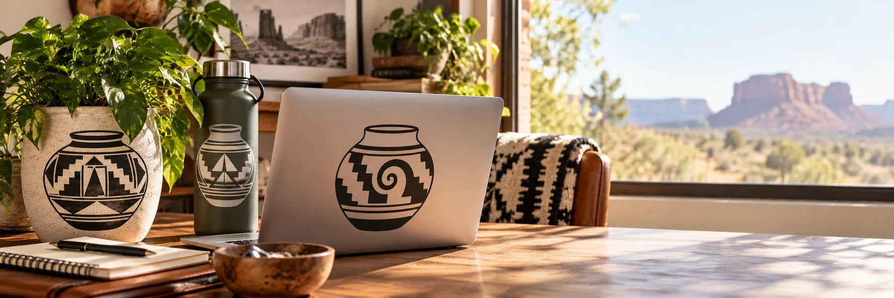 Illustrative Native American Pot Decals vinyl application in a realistic panoramic lifestyle scene.