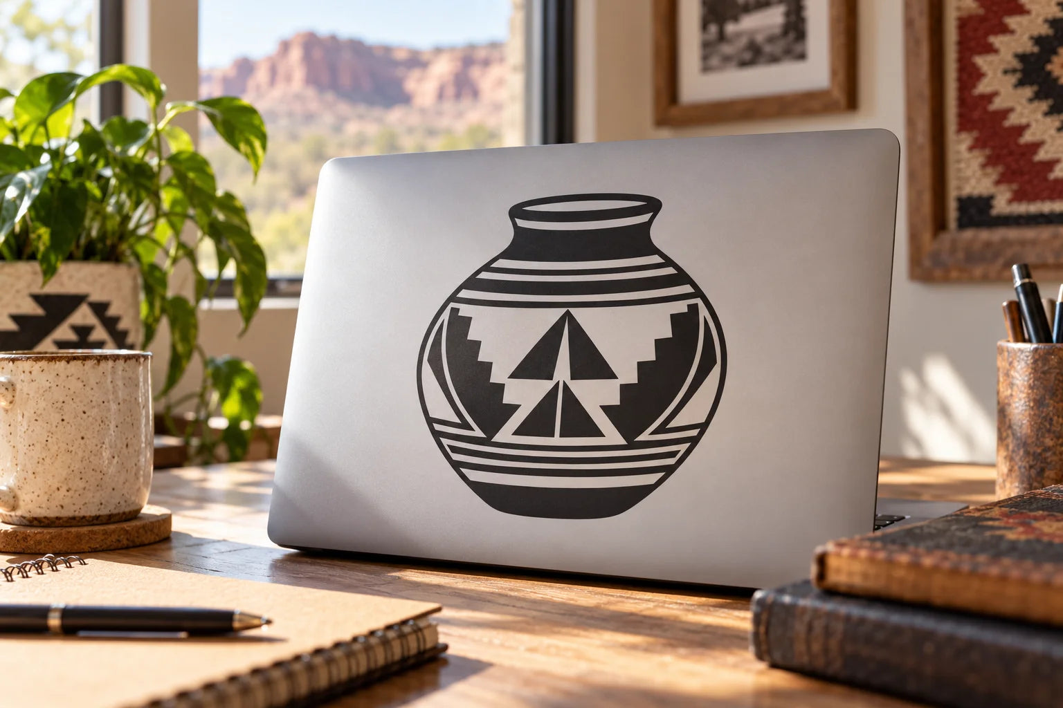 Illustrative Native American Pot Decals vinyl application in a realistic separate close-up lifestyle scene.