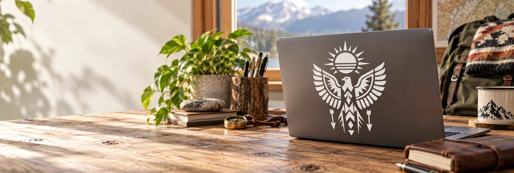 Illustrative Native American Tribal Decals vinyl application in a realistic panoramic lifestyle scene.