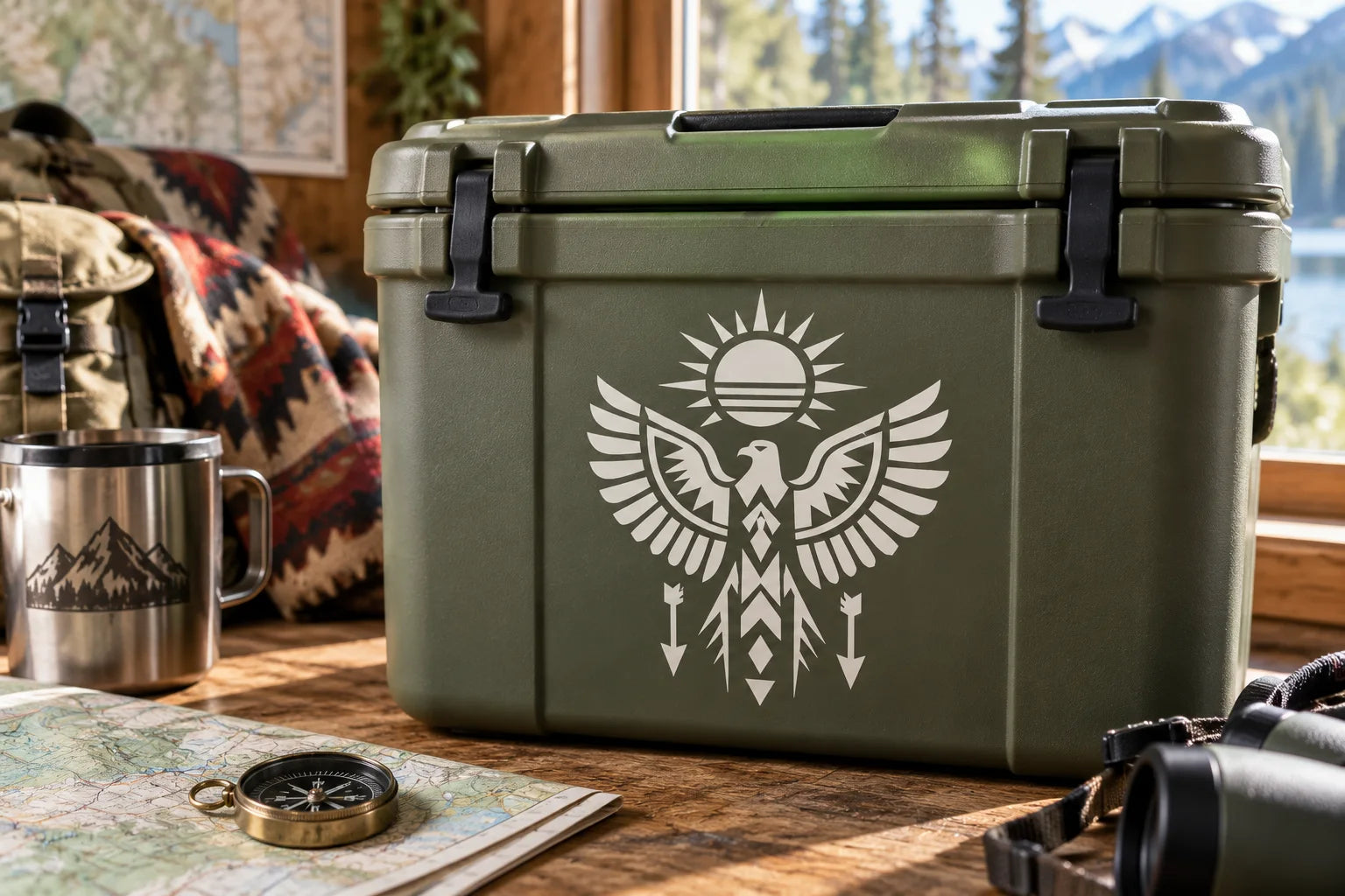 Illustrative Native American Tribal Decals vinyl application in a realistic separate close-up lifestyle scene.