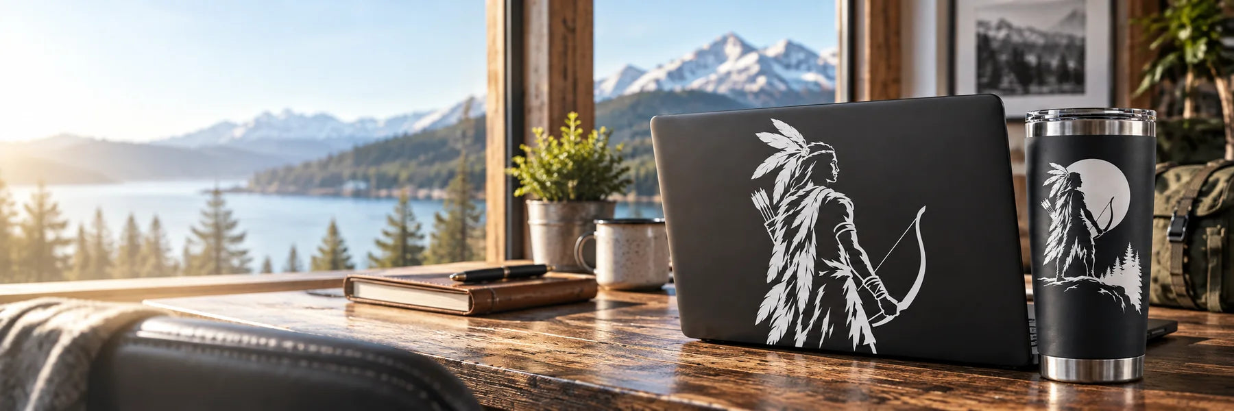 Illustrative Native American Warrior Decals vinyl application in a realistic panoramic lifestyle scene.