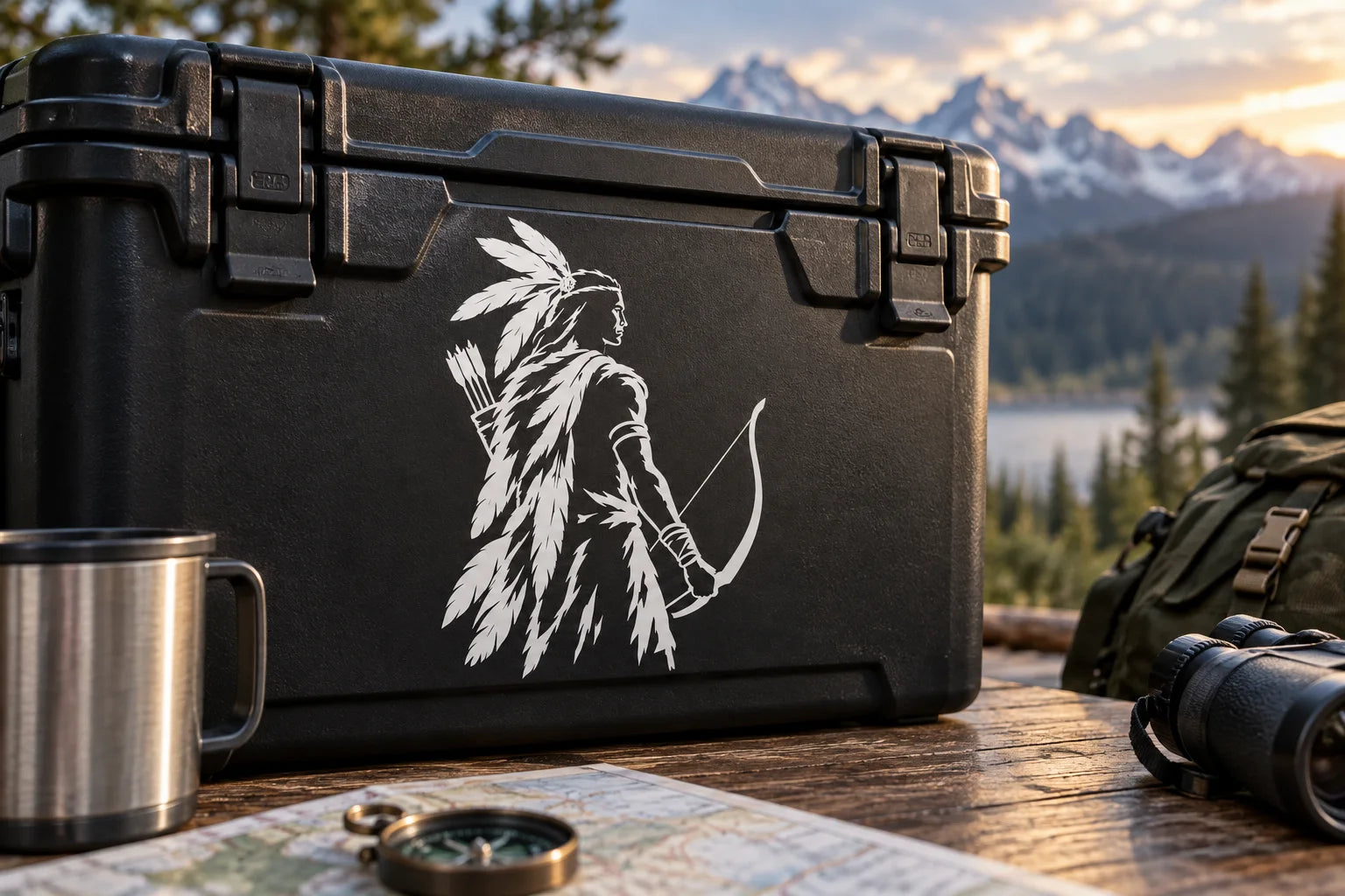 Illustrative Native American Warrior Decals vinyl application in a realistic separate close-up lifestyle scene.