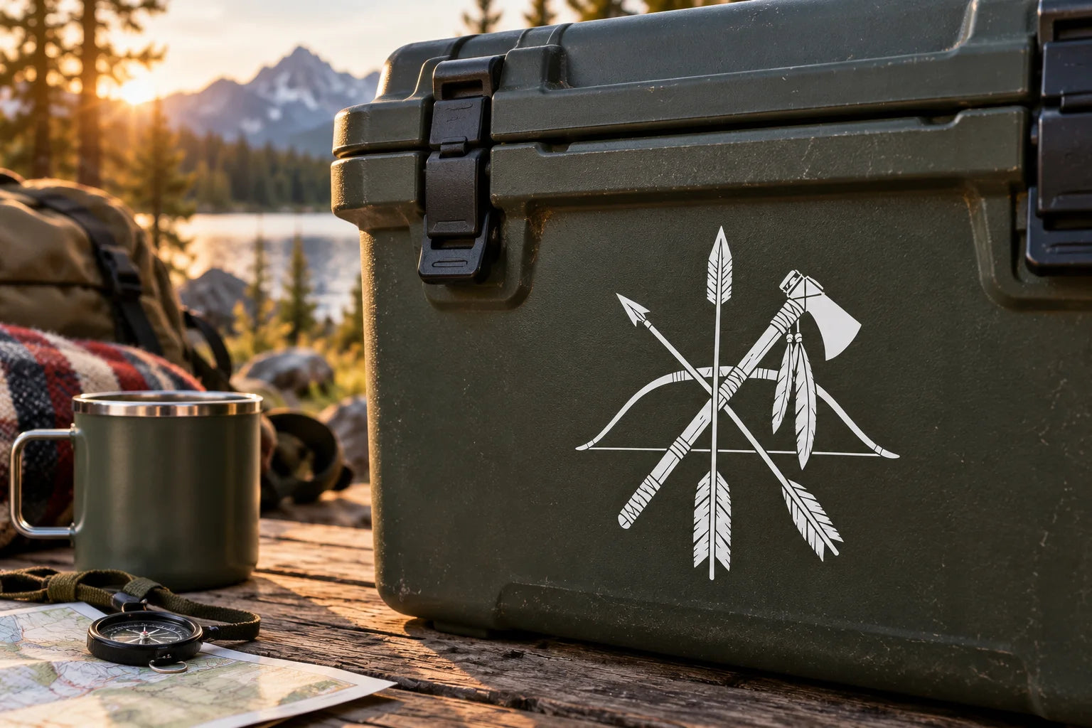 Illustrative Native American Weapon Decals vinyl application in a realistic separate close-up lifestyle scene.