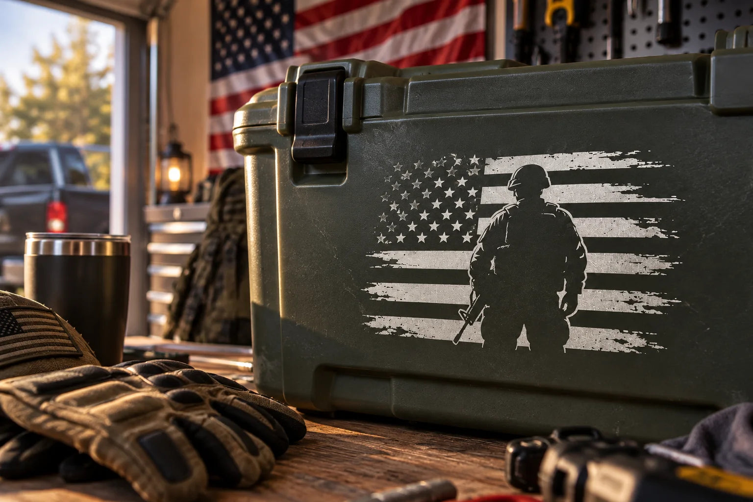 Illustrative National Guard Decals vinyl application in a realistic separate close-up lifestyle scene.