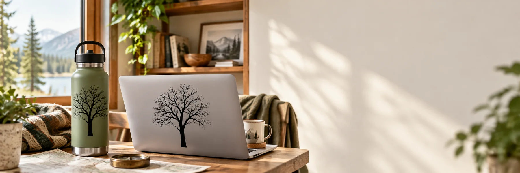 Illustrative Bare Tree Decals vinyl application in a realistic panoramic lifestyle scene.