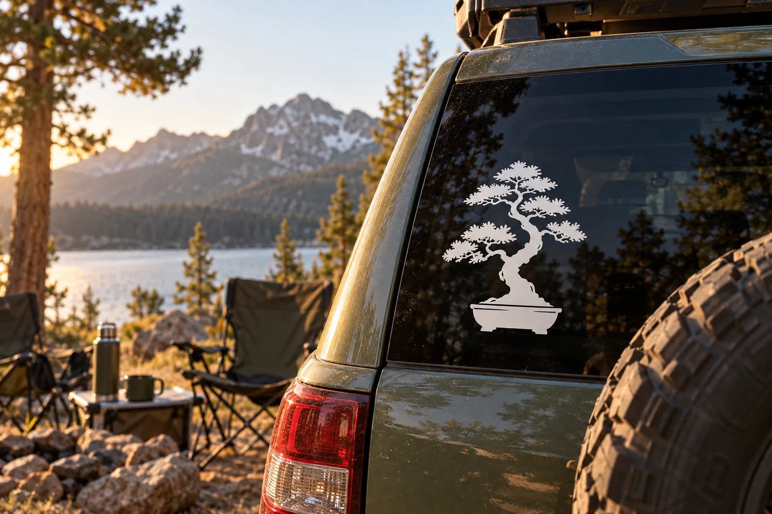 Illustrative Bonsai Tree Decals vinyl application in a realistic separate close-up lifestyle scene.