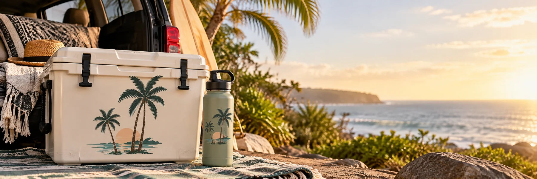 Illustrative Palm Tree Decals and Stickers vinyl application in a realistic panoramic lifestyle scene.