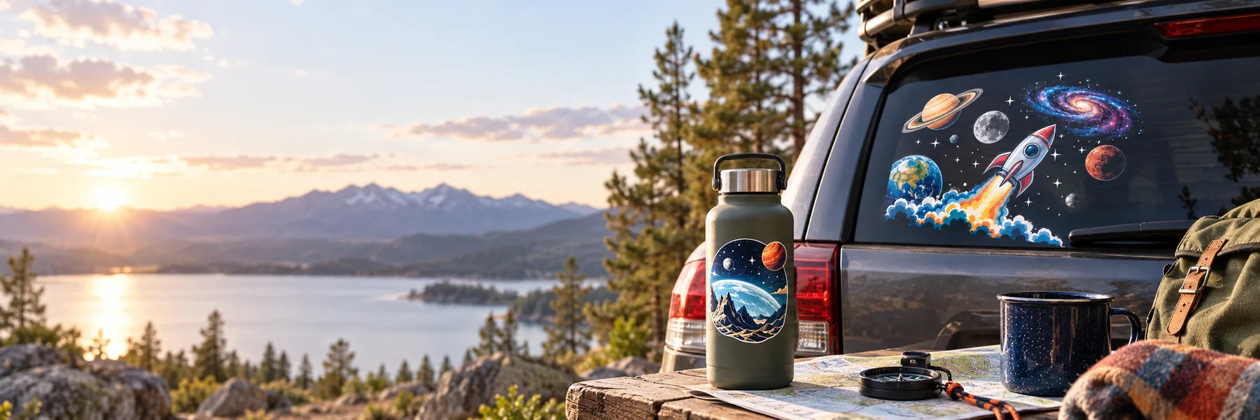 Illustrative Space Decals and Stickers vinyl application in a realistic panoramic lifestyle scene.