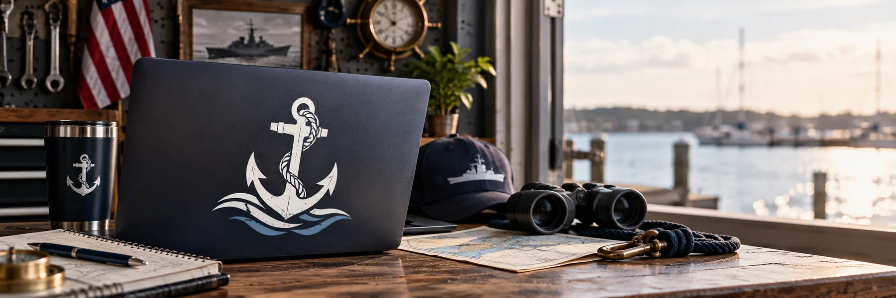 Illustrative Navy Decals vinyl application in a realistic panoramic lifestyle scene.