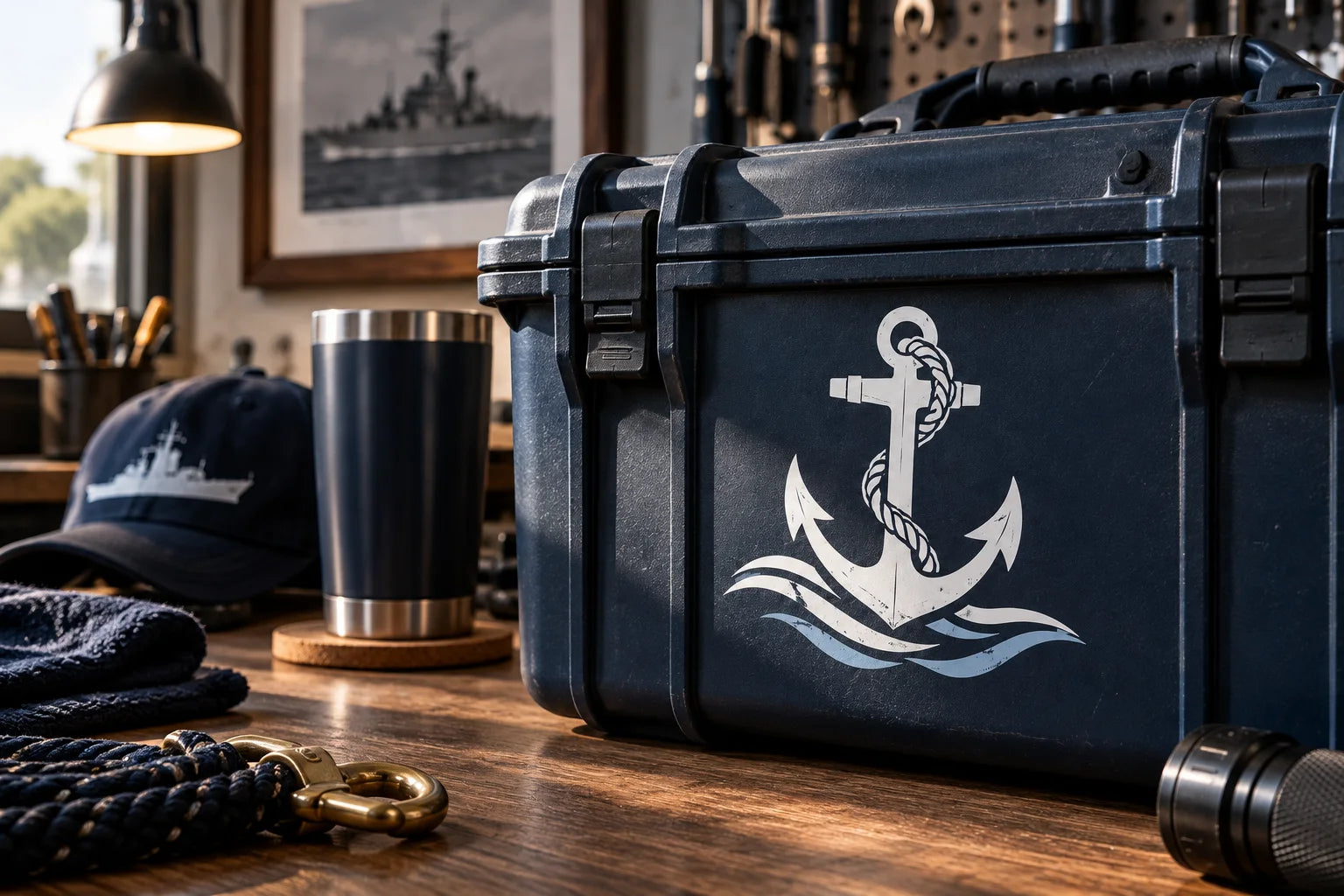 Illustrative Navy Decals vinyl application in a realistic separate close-up lifestyle scene.