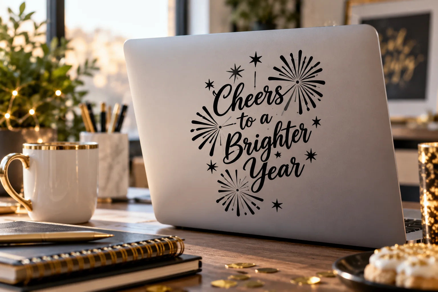 Illustrative New Year Decals vinyl application in a realistic separate close-up lifestyle scene.