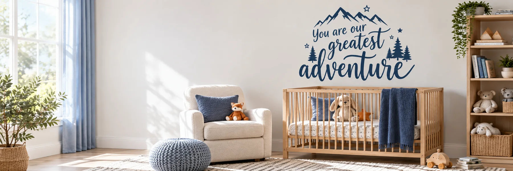 Illustrative Nursery Quote Decals vinyl application in a realistic panoramic lifestyle scene.
