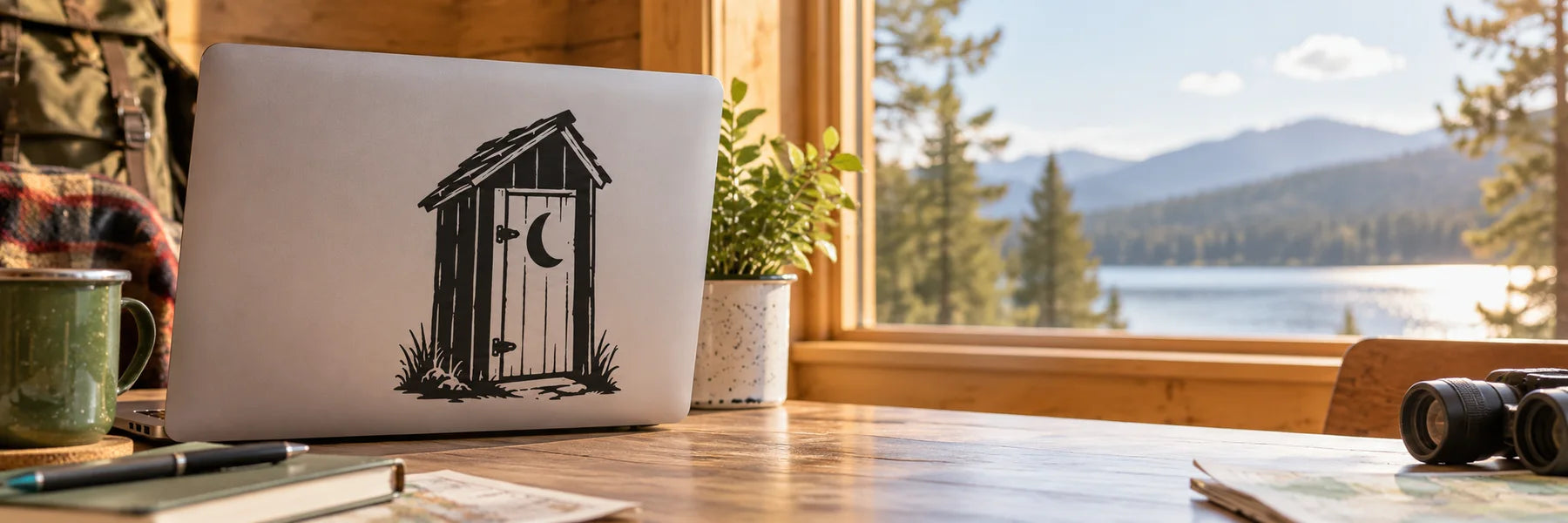 Illustrative Outhouse Decals vinyl application in a realistic panoramic lifestyle scene.