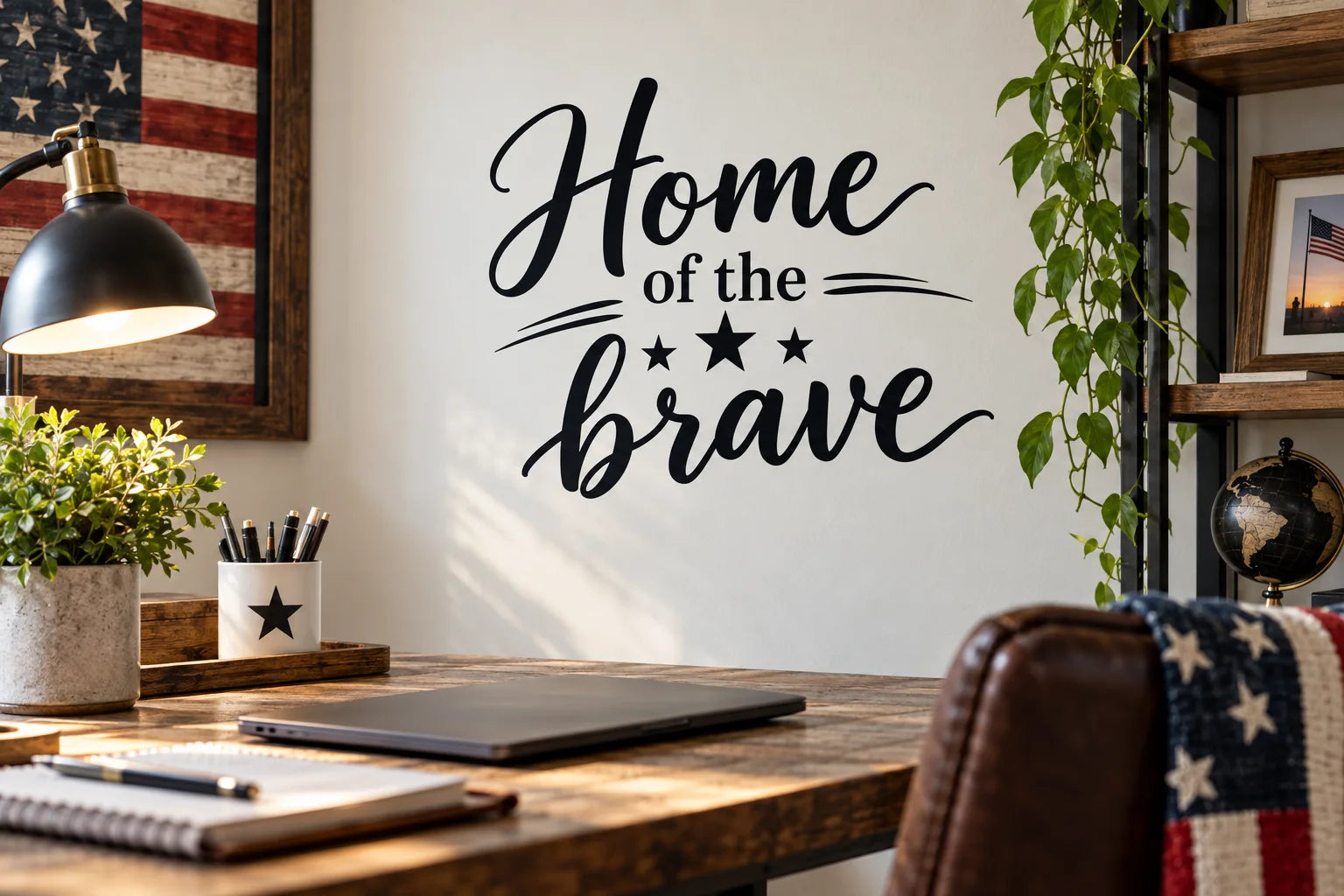 Illustrative Patriotic Quote Decals vinyl application in a realistic separate close-up lifestyle scene.