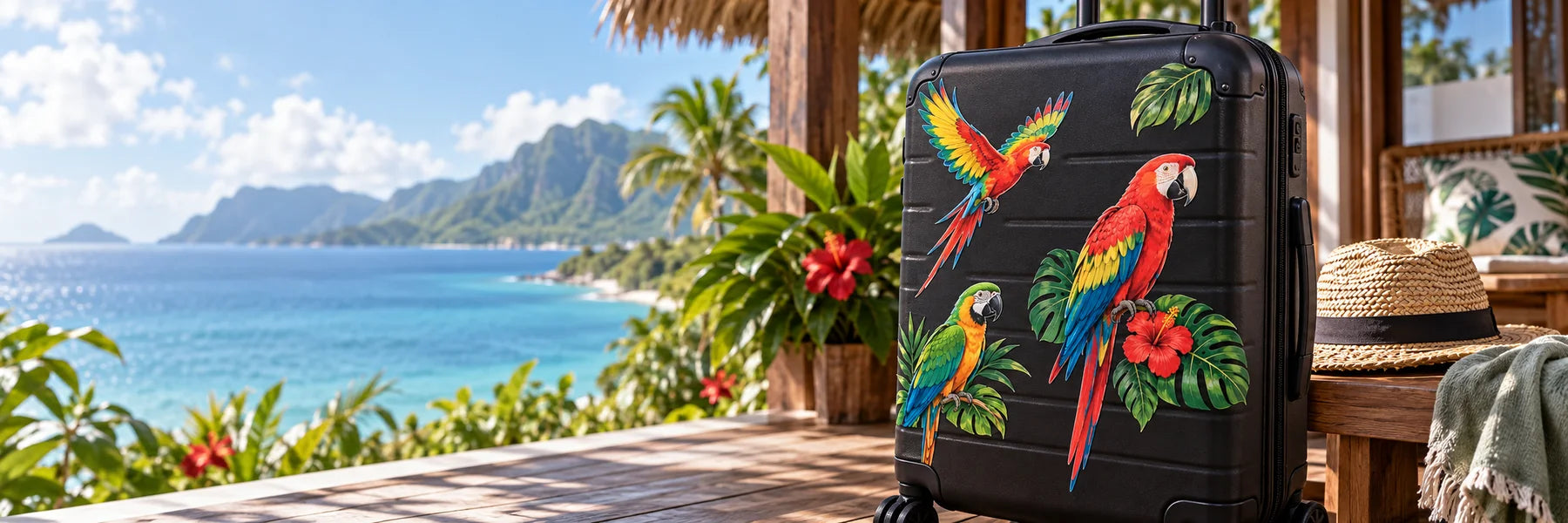 Illustrative Parrot Decals vinyl application in a realistic panoramic lifestyle scene.
