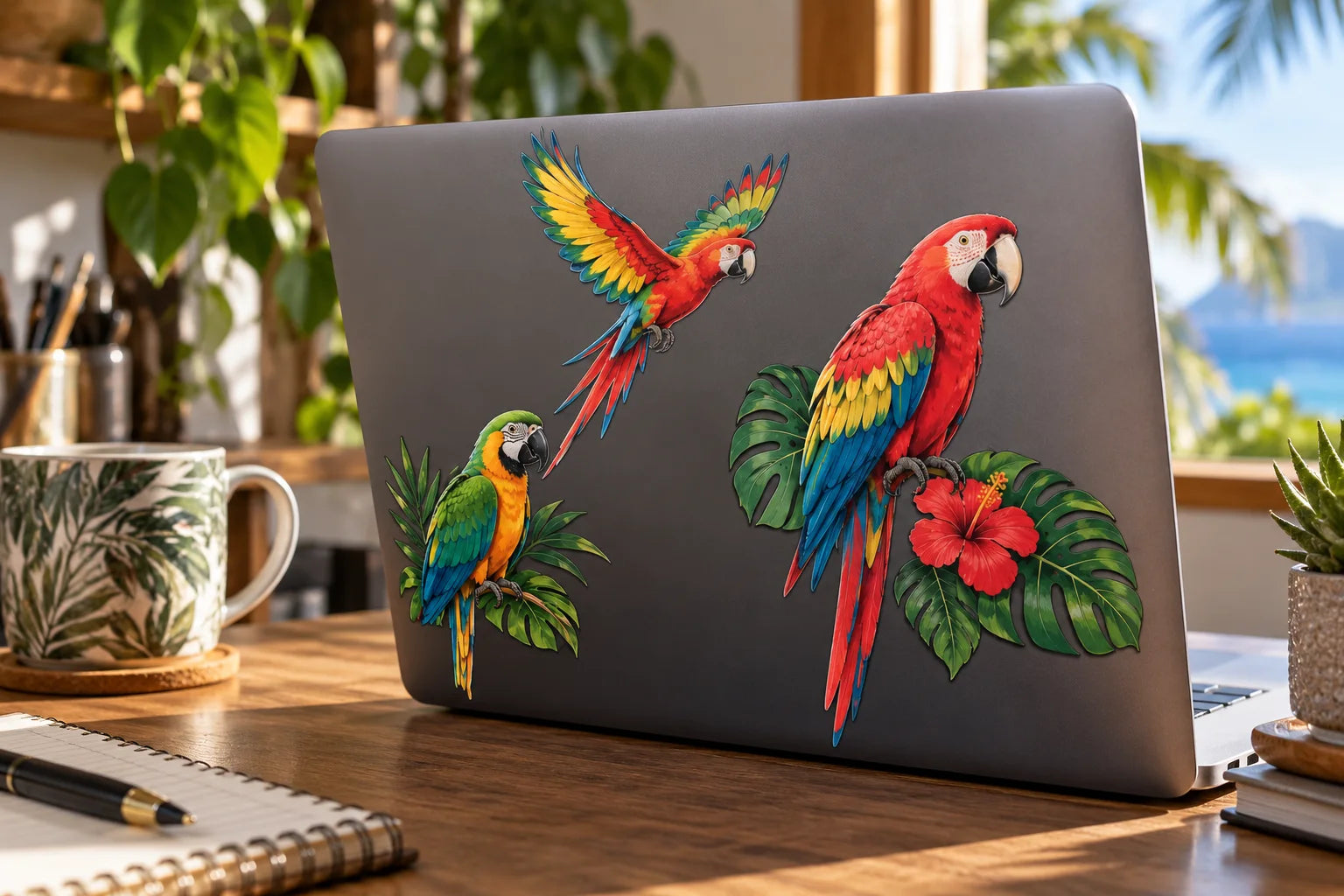 Illustrative Parrot Decals vinyl application in a realistic separate close-up lifestyle scene.