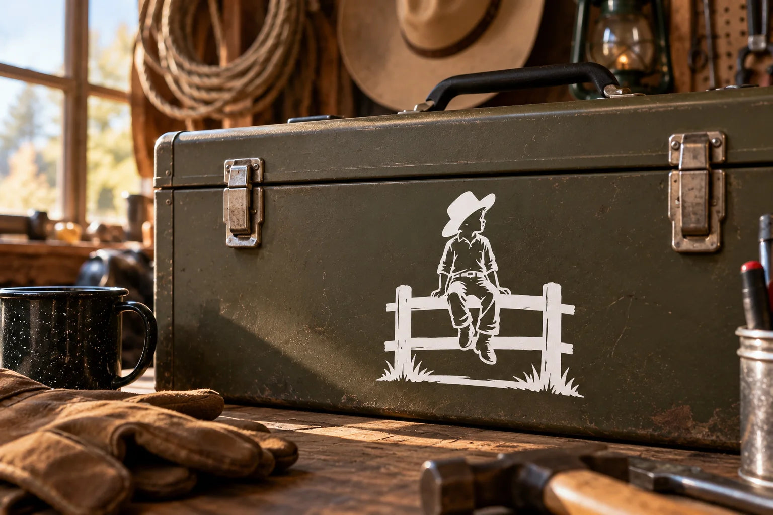 Illustrative Cowboy Kid Decals vinyl application in a realistic separate close-up lifestyle scene.