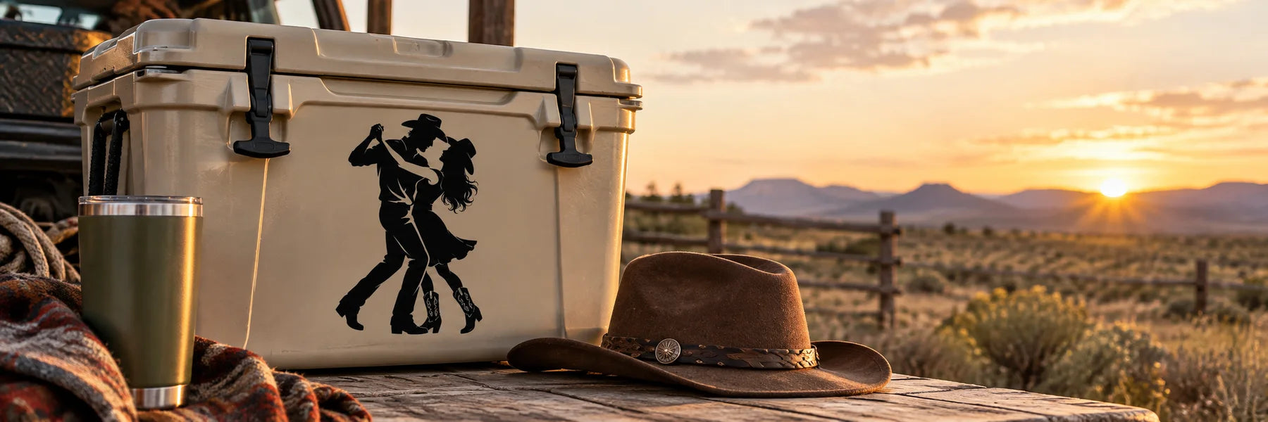 Illustrative Cowboy Love Decals vinyl application in a realistic panoramic lifestyle scene.
