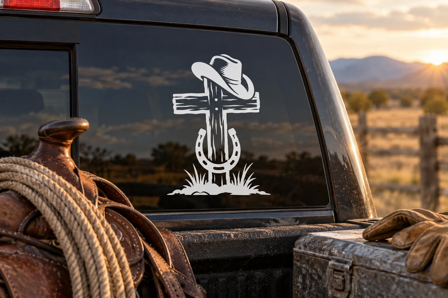 Illustrative Cowboy Memorial Decals vinyl application in a realistic separate close-up lifestyle scene.