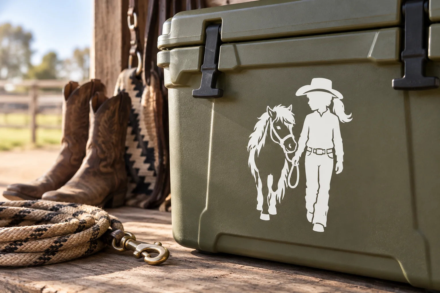 Illustrative Cowgirl Kid Decals vinyl application in a realistic separate close-up lifestyle scene.
