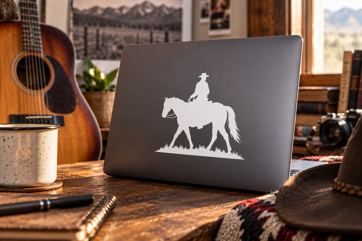 Illustrative Cowboy Decals vinyl application in a realistic separate close-up lifestyle scene.