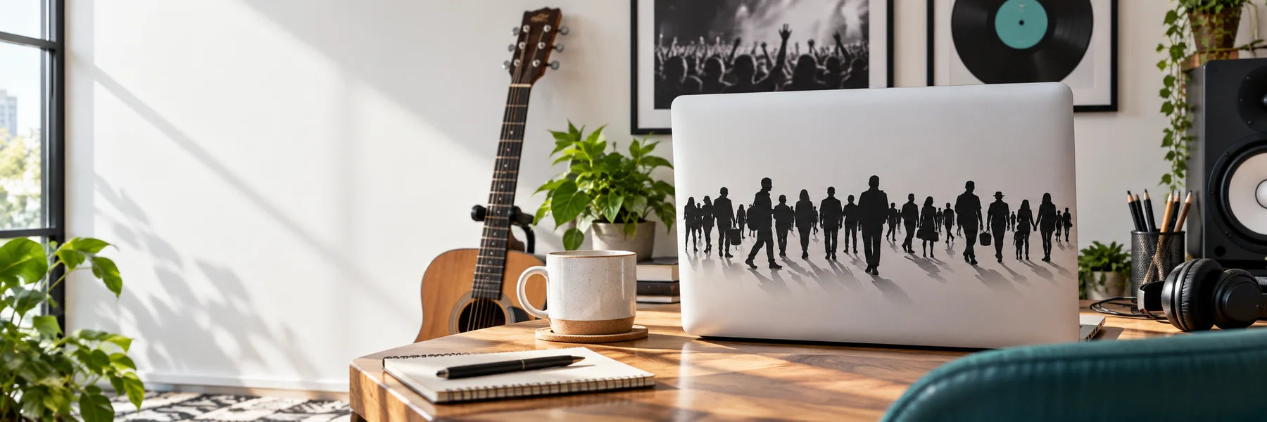 Illustrative Crowd of People Decals vinyl application in a realistic panoramic lifestyle scene.
