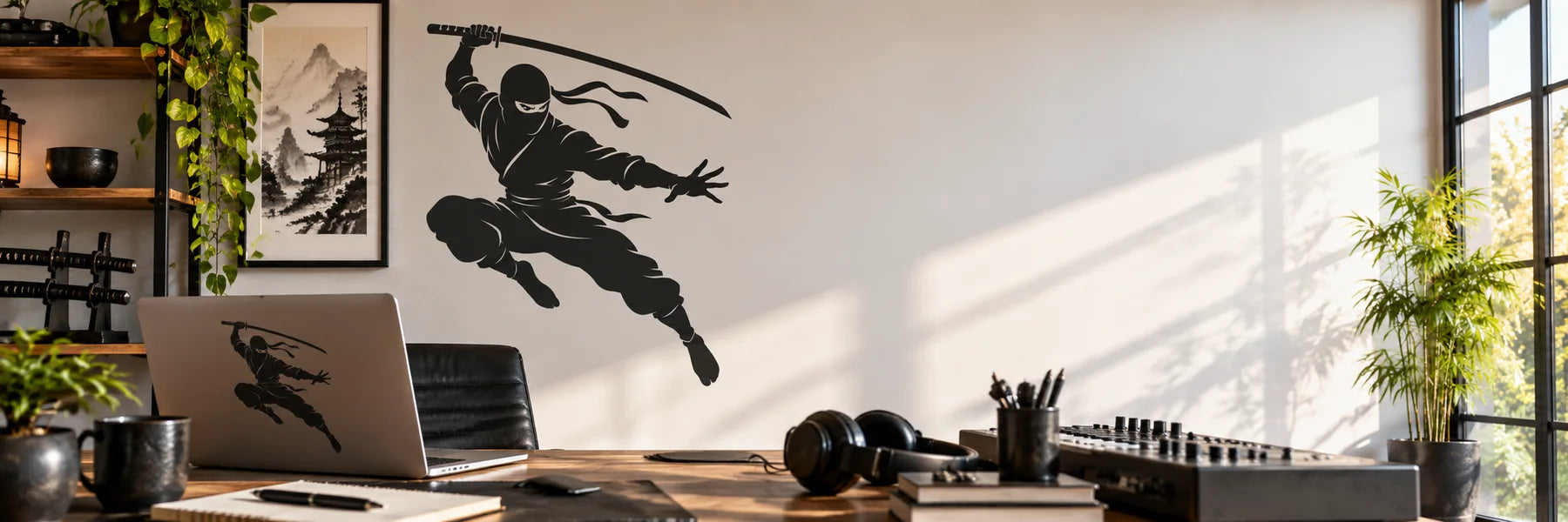 Illustrative Ninja Decals vinyl application in a realistic panoramic lifestyle scene.