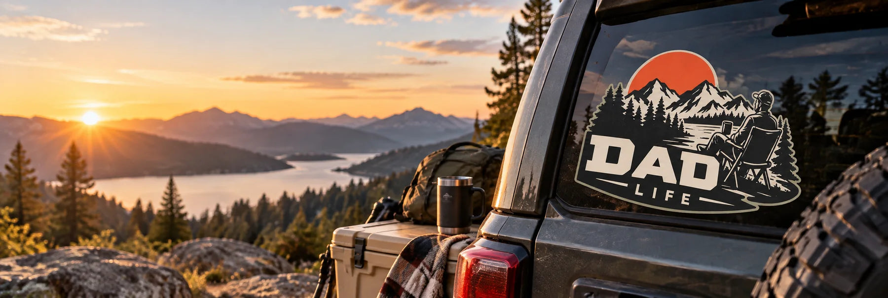 Illustrative Dad Decals vinyl application in a realistic panoramic lifestyle scene.