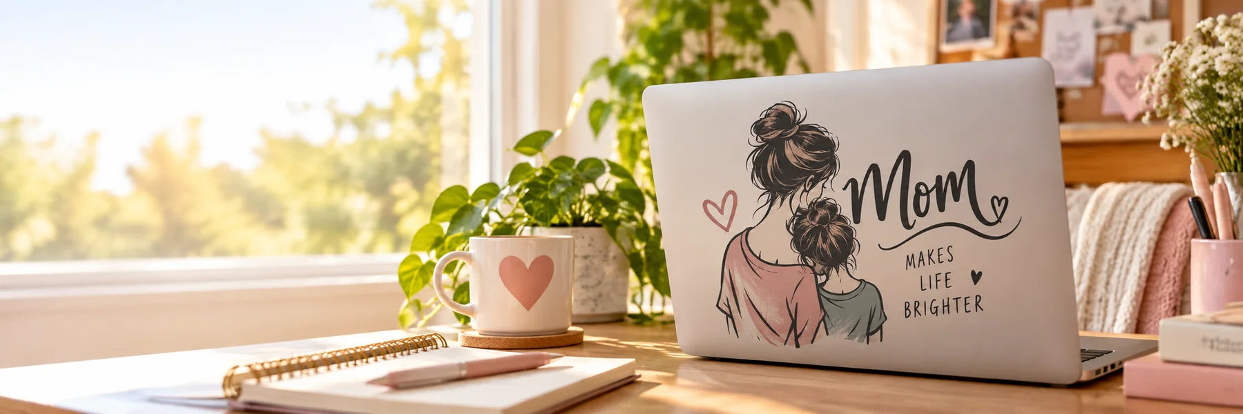 Illustrative Mom Decals vinyl application in a realistic panoramic lifestyle scene.