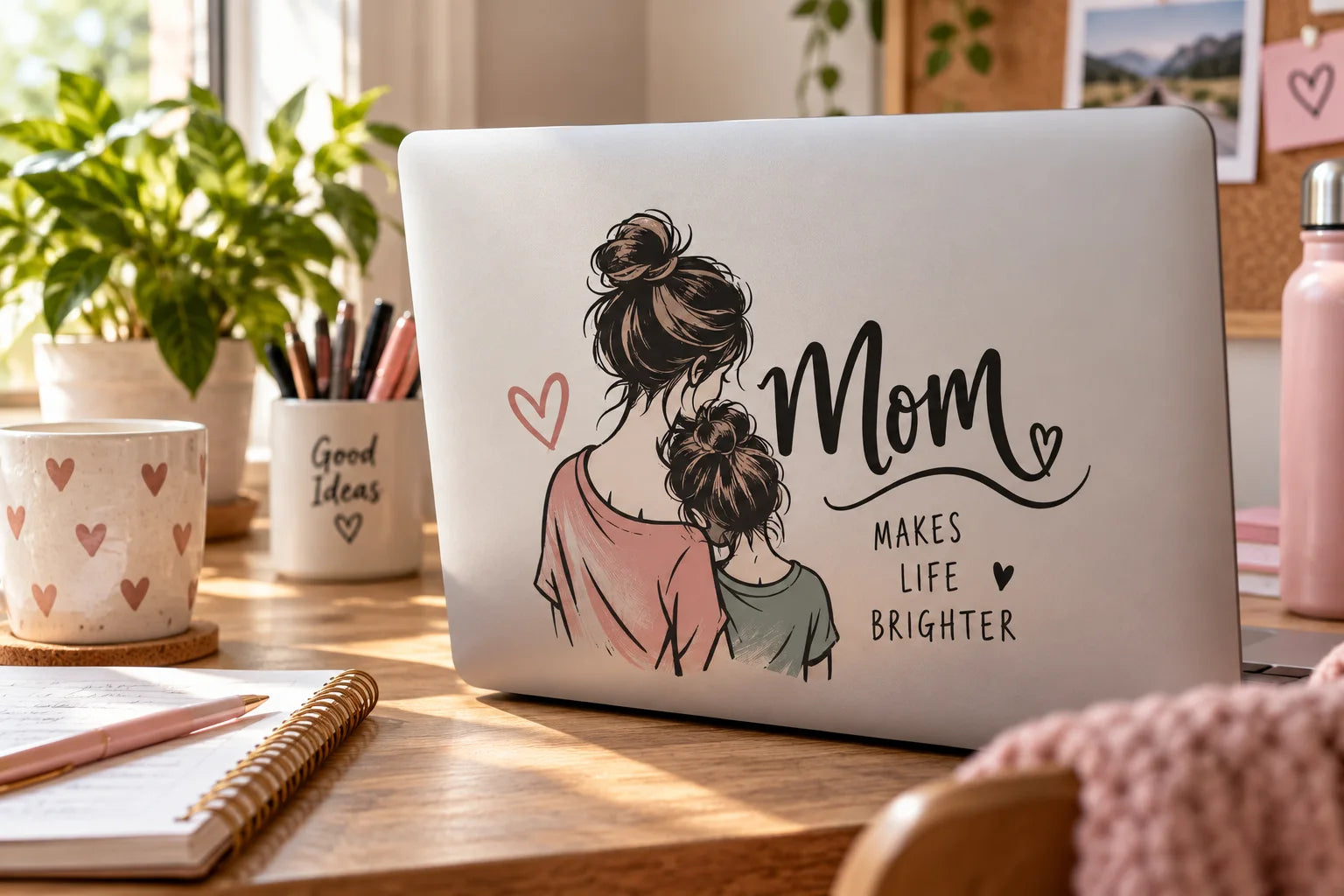 Illustrative Mom Decals vinyl application in a realistic separate close-up lifestyle scene.