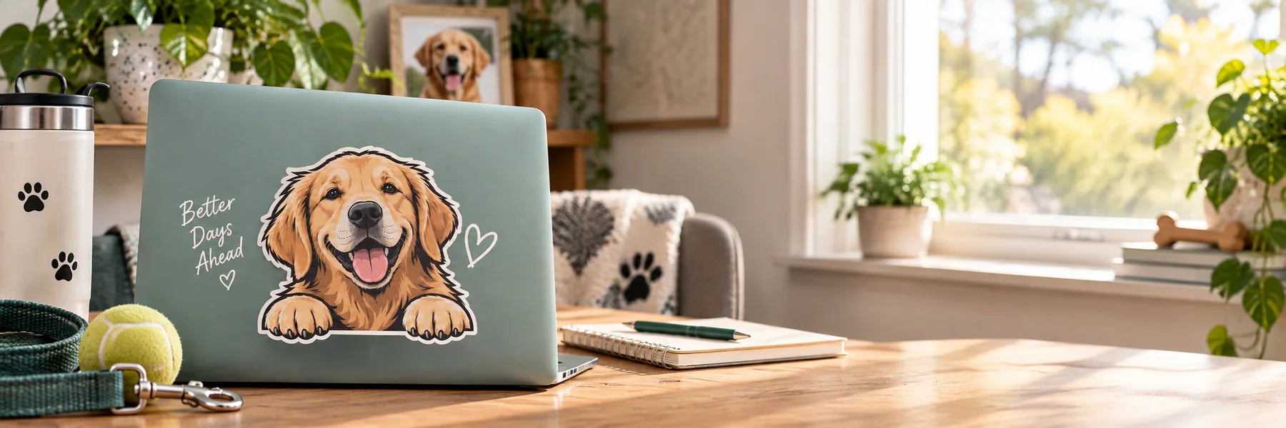 Illustrative Pet Decals vinyl application in a realistic panoramic lifestyle scene.