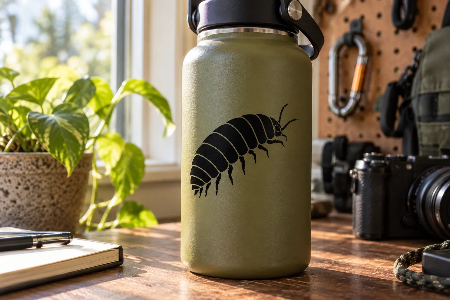 Illustrative Pill Bug Decals vinyl application in a realistic separate close-up lifestyle scene.